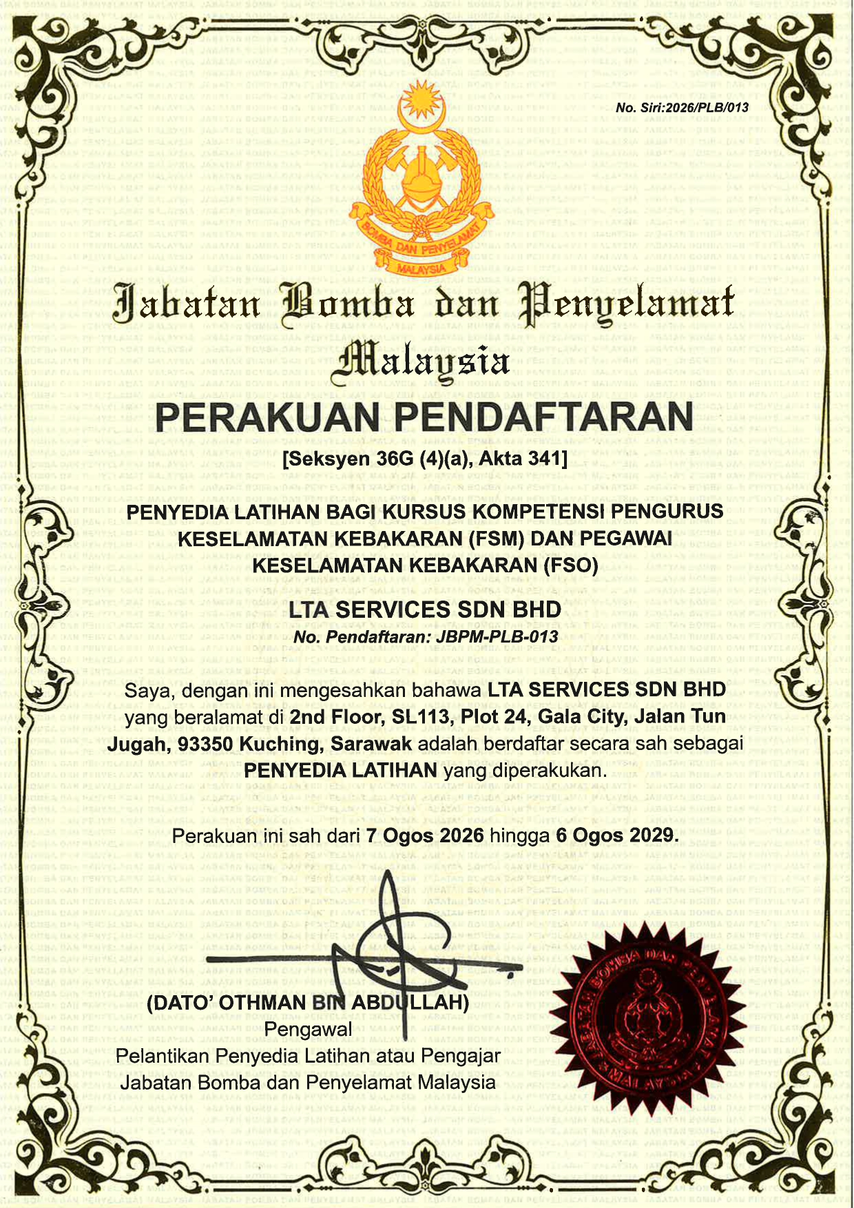 LTA Services OKK Training Provider Certificate